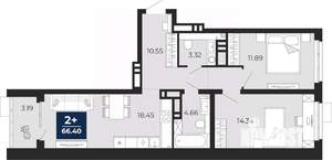 2-к квартира, вторичка, 66м2, 13/20 этаж