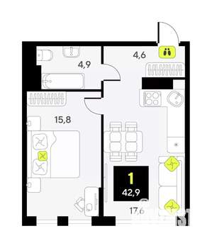 1-к квартира, вторичка, 43м2, 11/17 этаж