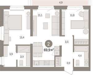 2-к квартира, вторичка, 70м2, 6/16 этаж