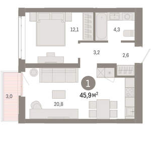 1-к квартира, вторичка, 46м2, 8/25 этаж
