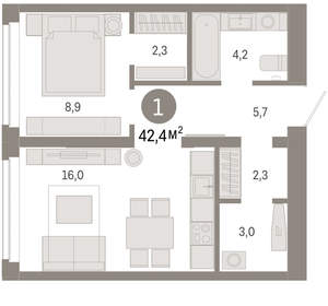 1-к квартира, вторичка, 42м2, 2/16 этаж