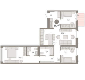 3-к квартира, вторичка, 86м2, 3/16 этаж