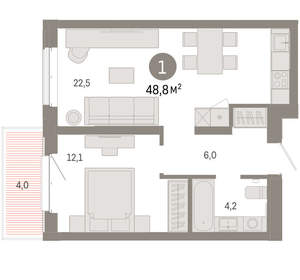 1-к квартира, вторичка, 49м2, 6/11 этаж