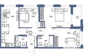 4-к квартира, вторичка, 76м2, 9/25 этаж