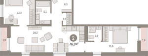 2-к квартира, вторичка, 76м2, 16/17 этаж