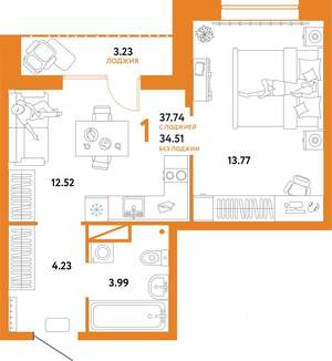 1-к квартира, строящийся дом, 38м2, 10/16 этаж