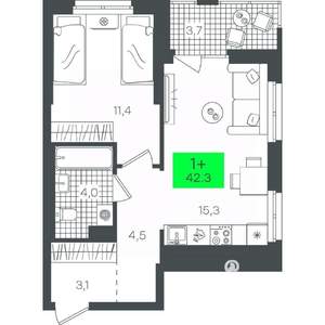 1-к квартира, строящийся дом, 42м2, 13/21 этаж