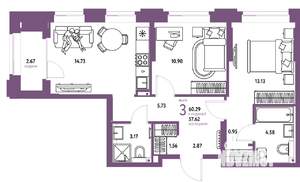 3-к квартира, строящийся дом, 60м2, 5/25 этаж
