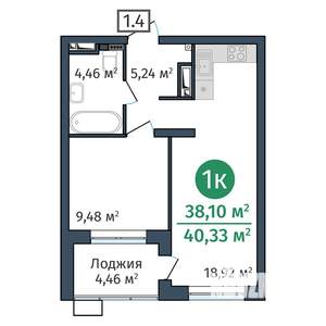 1-к квартира, вторичка, 38м2, 16/24 этаж