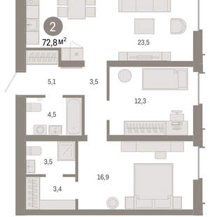2-к квартира, вторичка, 73м2, 2/16 этаж