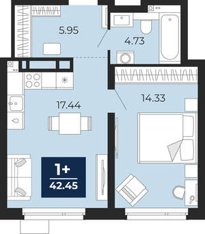 1-к квартира, вторичка, 42м2, 1/21 этаж