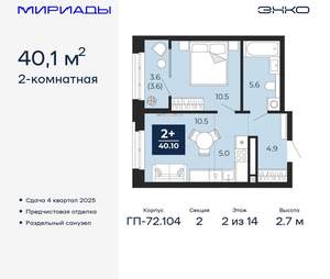 2-к квартира, вторичка, 40м2, 2/18 этаж