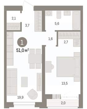 1-к квартира, вторичка, 51м2, 5/10 этаж