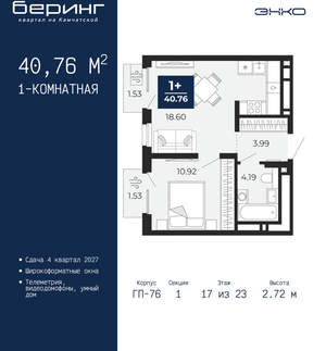 1-к квартира, вторичка, 41м2, 17/24 этаж