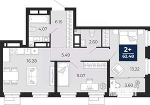 2-к квартира, вторичка, 62м2, 16/24 этаж
