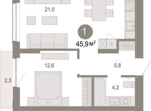1-к квартира, вторичка, 46м2, 3/17 этаж