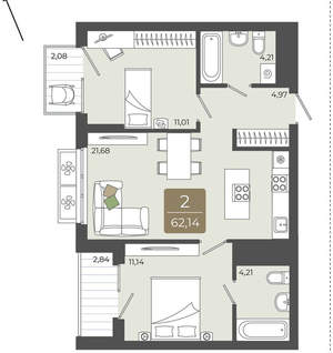 2-к квартира, вторичка, 62м2, 13/15 этаж