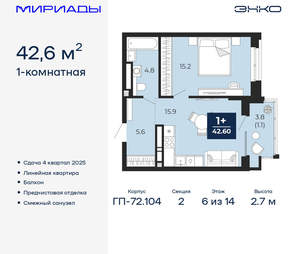 1-к квартира, вторичка, 43м2, 6/18 этаж
