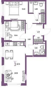 3-к квартира, вторичка, 63м2, 24/25 этаж
