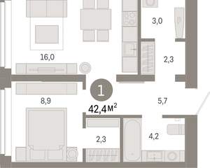 1-к квартира, вторичка, 42м2, 4/16 этаж