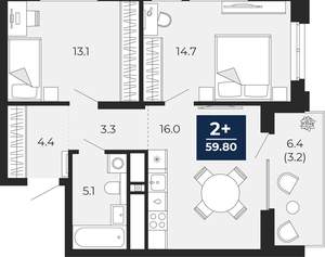 2-к квартира, вторичка, 57м2, 15/18 этаж