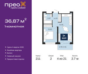 1-к квартира, вторичка, 37м2, 4/21 этаж