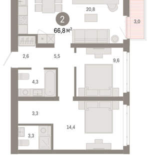 2-к квартира, вторичка, 67м2, 6/25 этаж