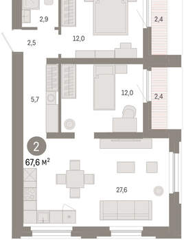 2-к квартира, вторичка, 68м2, 7/16 этаж