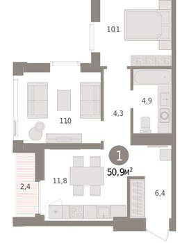 1-к квартира, вторичка, 51м2, 22/25 этаж