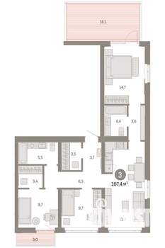 3-к квартира, вторичка, 107м2, 2/8 этаж