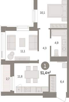 1-к квартира, вторичка, 51м2, 21/25 этаж