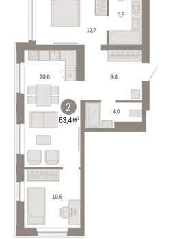 2-к квартира, вторичка, 63м2, 10/25 этаж
