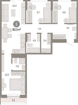 3-к квартира, вторичка, 82м2, 6/17 этаж