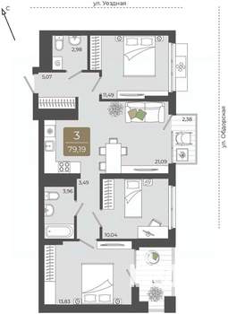 3-к квартира, вторичка, 79м2, 12/15 этаж