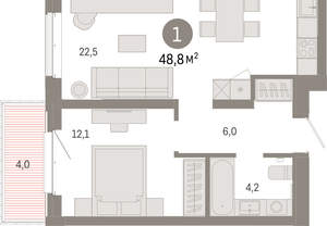 1-к квартира, вторичка, 49м2, 4/11 этаж