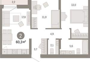 2-к квартира, вторичка, 60м2, 9/17 этаж