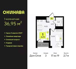 1-к квартира, вторичка, 37м2, 17/19 этаж