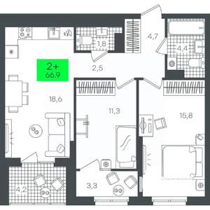 2-к квартира, строящийся дом, 67м2, 15/21 этаж