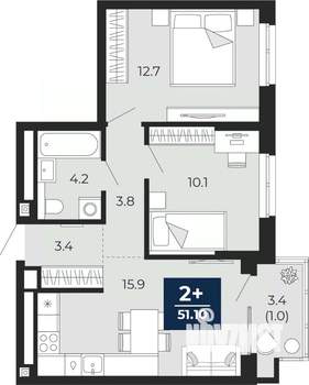 2-к квартира, вторичка, 51м2, 10/16 этаж