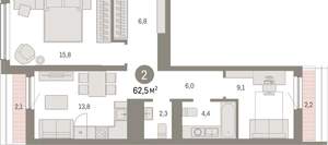 2-к квартира, вторичка, 62м2, 8/9 этаж