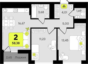 2-к квартира, вторичка, 58м2, 5/19 этаж