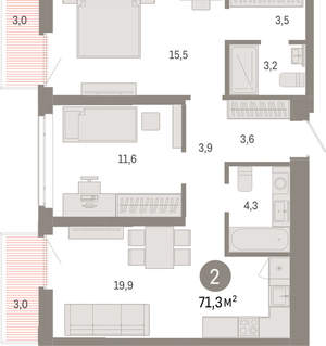 2-к квартира, вторичка, 71м2, 7/25 этаж