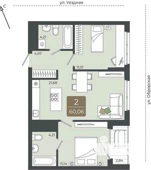 2-к квартира, вторичка, 60м2, 15/15 этаж