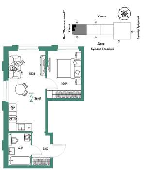 2-к квартира, вторичка, 37м2, 9/15 этаж