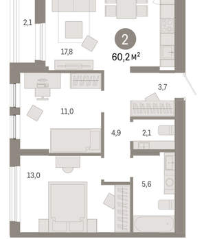 2-к квартира, вторичка, 60м2, 9/17 этаж