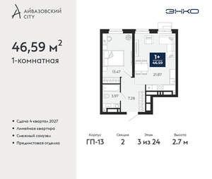 1-к квартира, вторичка, 47м2, 3/24 этаж