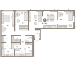 3-к квартира, вторичка, 122м2, 2/16 этаж