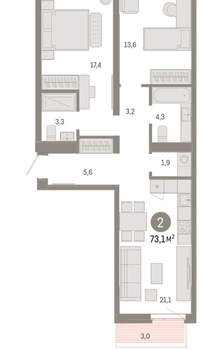 2-к квартира, вторичка, 73м2, 7/25 этаж