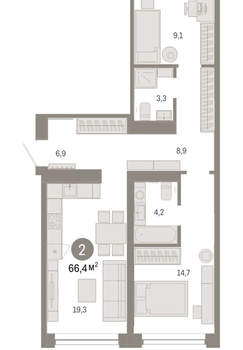 2-к квартира, вторичка, 66м2, 2/16 этаж