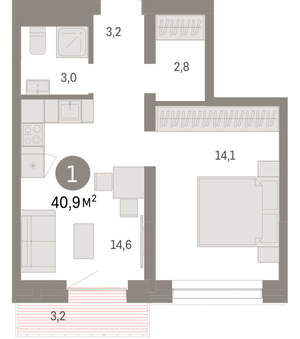 1-к квартира, вторичка, 41м2, 6/8 этаж